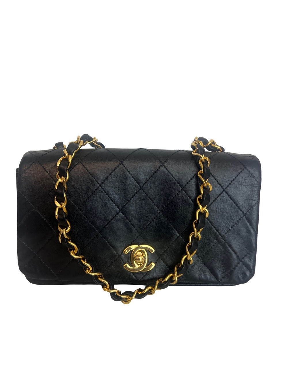 CHANEL Black Quilted Lambskin Mini Flap Bag with Gold Chain